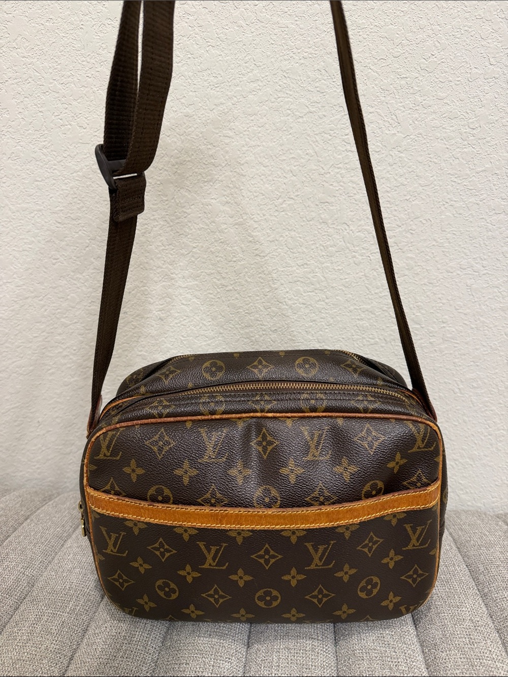 LV Monogram Leather Brown and Tan Reporter Shoulder Bag with Adjustable Strap